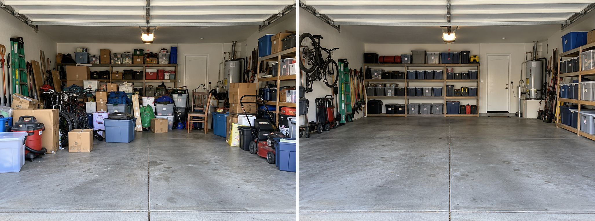 Illustration of a cluttered garage with boxes, equipment, and limited floor space
